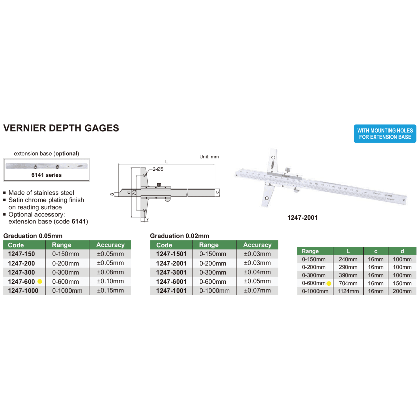 Insize Vernier Depth Gauge 0-600mm Range Series 1247-600 - Twin Eagle Imports