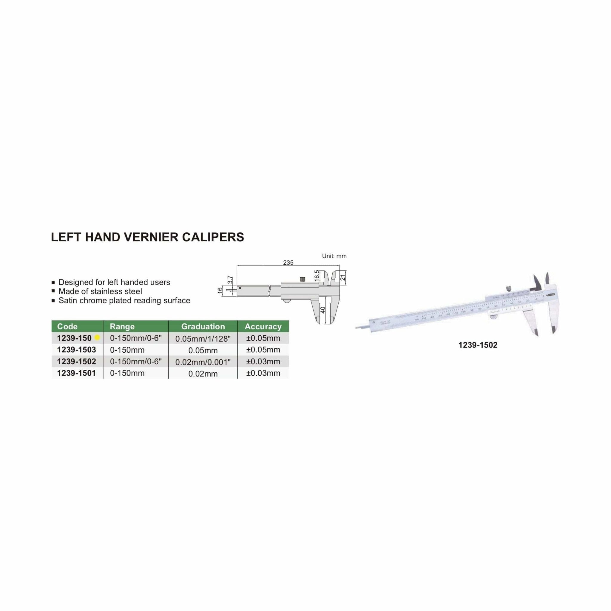 Insize Vernier Left Hand Caliper 0-150mm/0-6" Range Series 1239-150 - Twin Eagle Imports