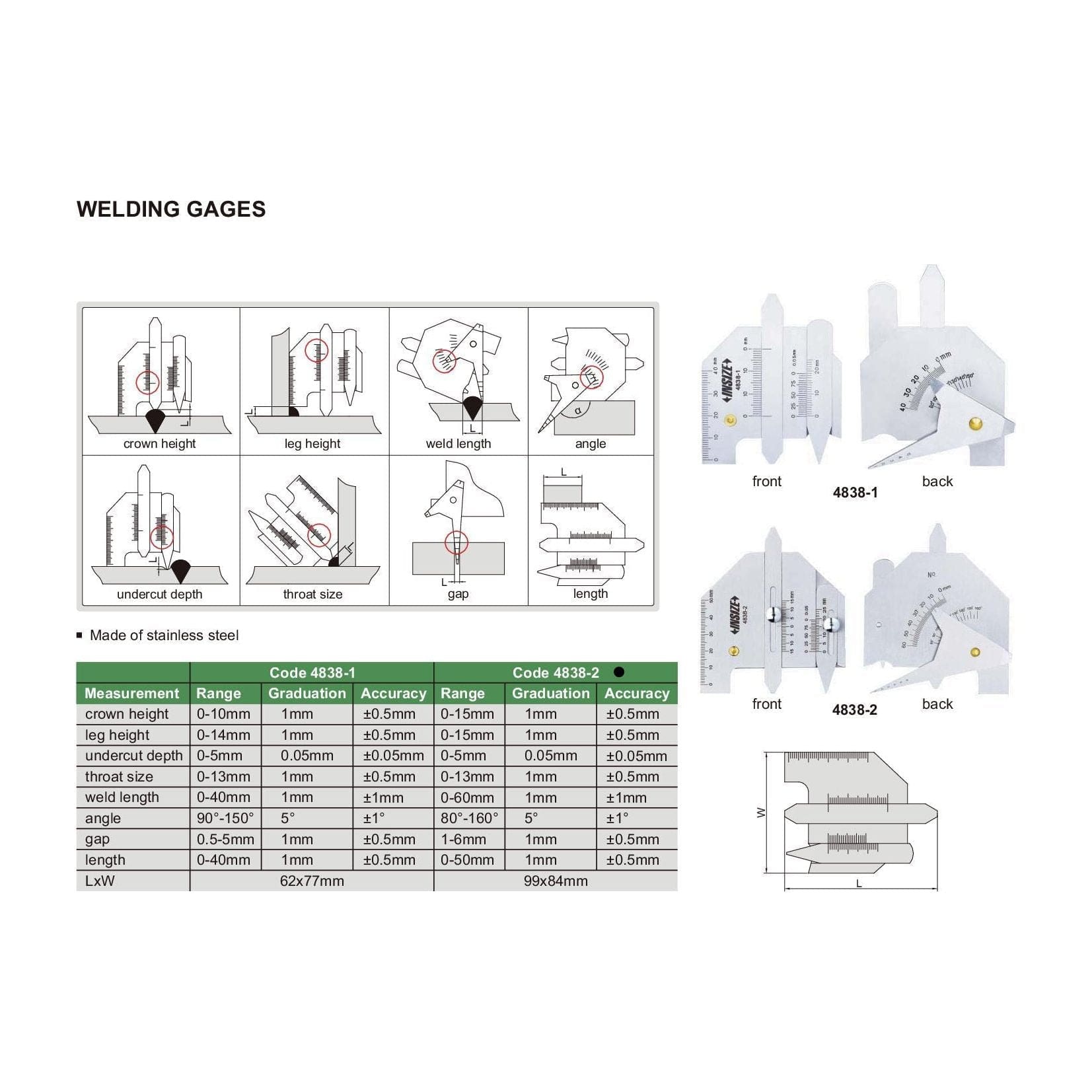 Insize Welding Gauge 99x84mm Range Series 4838-2 - Twin Eagle Imports