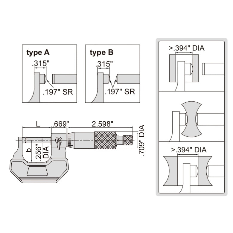 Insize Spherical Anvil Tube Micrometer 2-3" Range Series 3260-3
