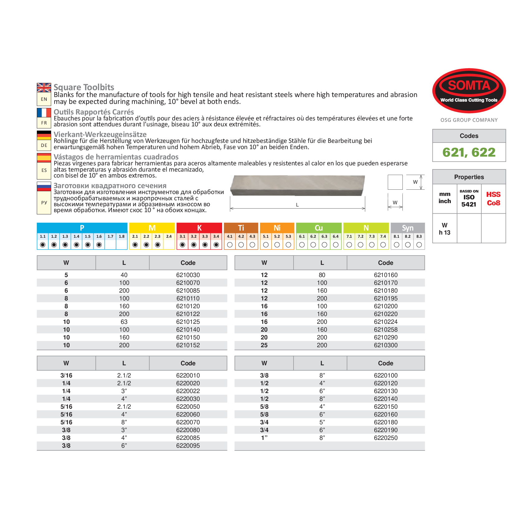 SOMTA Cutting Tools Somta Series 622 – 3/16" x 2.1/2" HSS-Co8 Square Toolbits