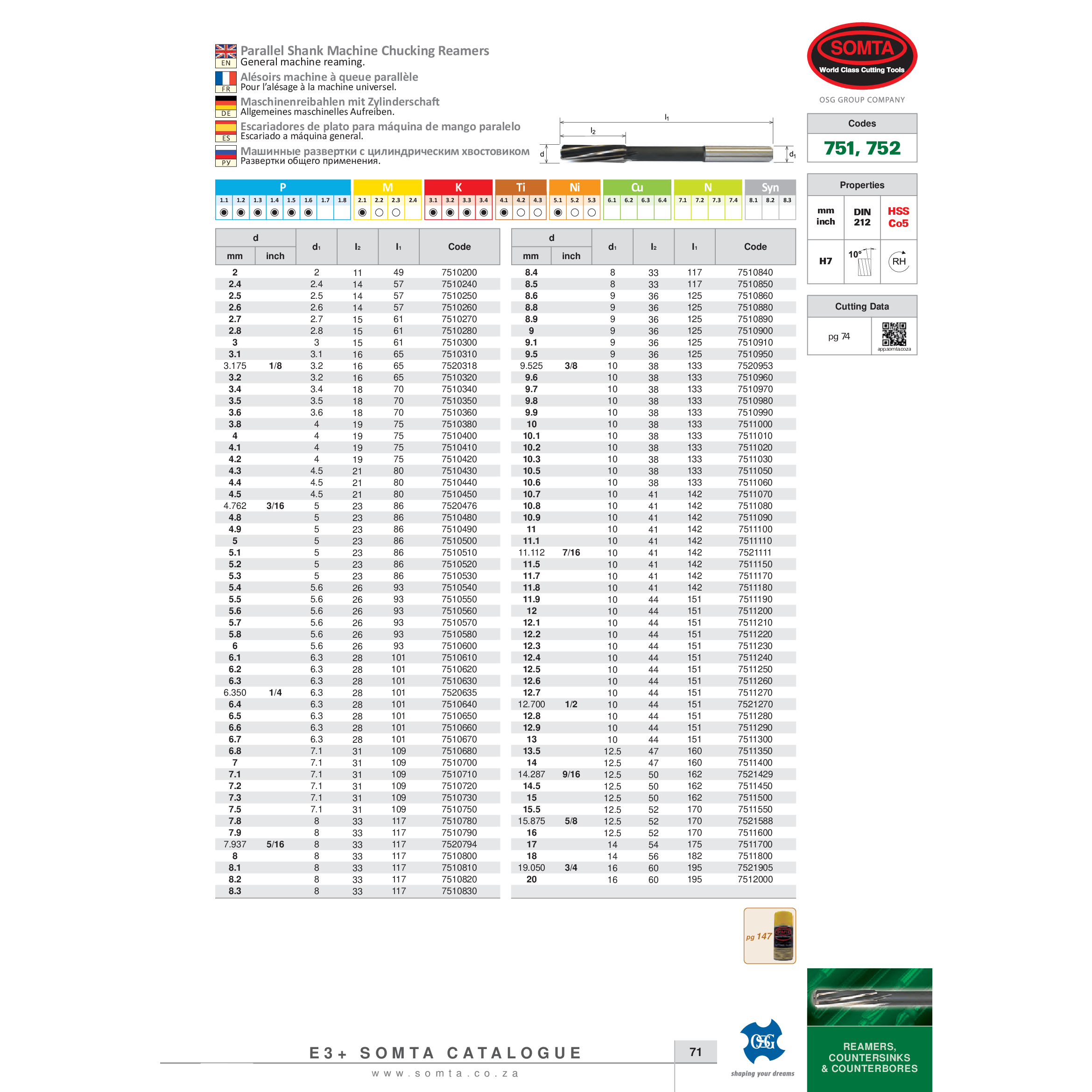 SOMTA REAMERS Somta Series 751 – 7MM HSS-Co5 Parallel Shank Chucking Reamer