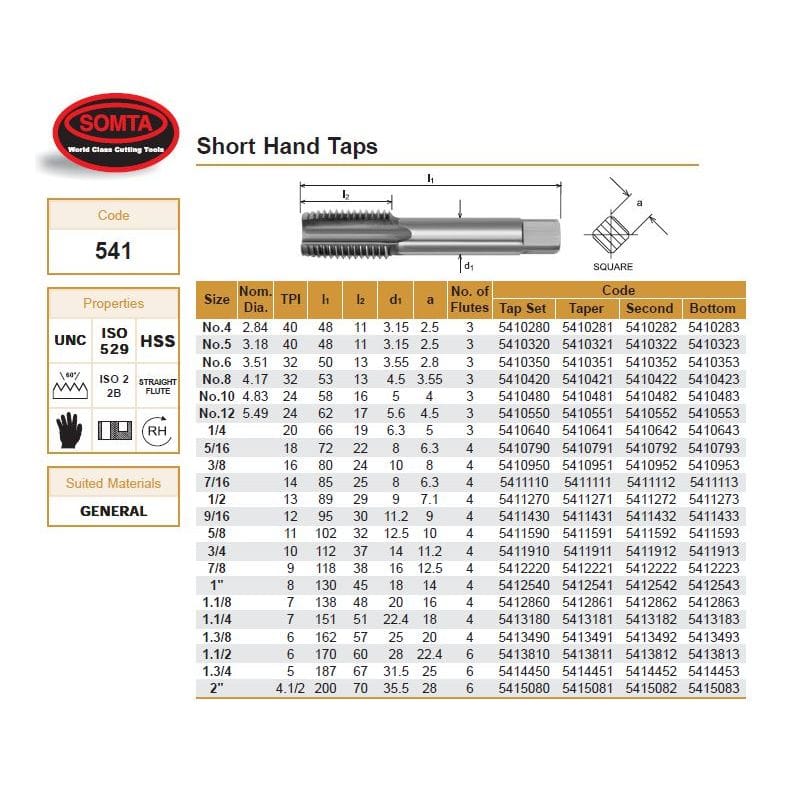 Somta Series 541 - HSS Straight Flute Short Hand Bottom (Finishing) Tap UNC 1/2" x 13 TPI - Twin Eagle Imports