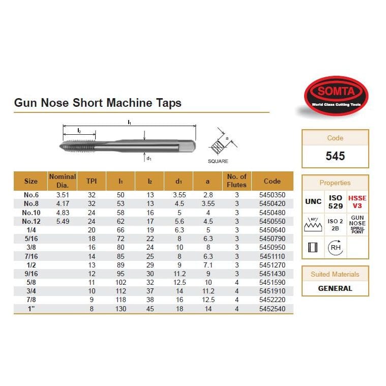 Somta Series 545 - HSSE Gun Nose Spiral Point Short Machine Taps UNC 5/8" x 11 TPI - Twin Eagle Imports