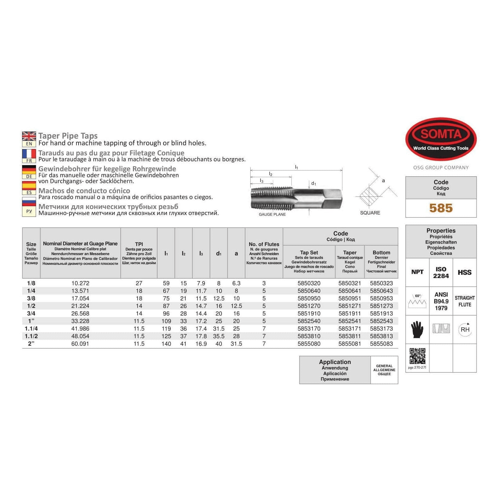 SOMTA - Series 585 HSS NPT Tap 1/8" (Straight Flute Taper Pipe Bottom Finishing) - Twin Eagle Imports
