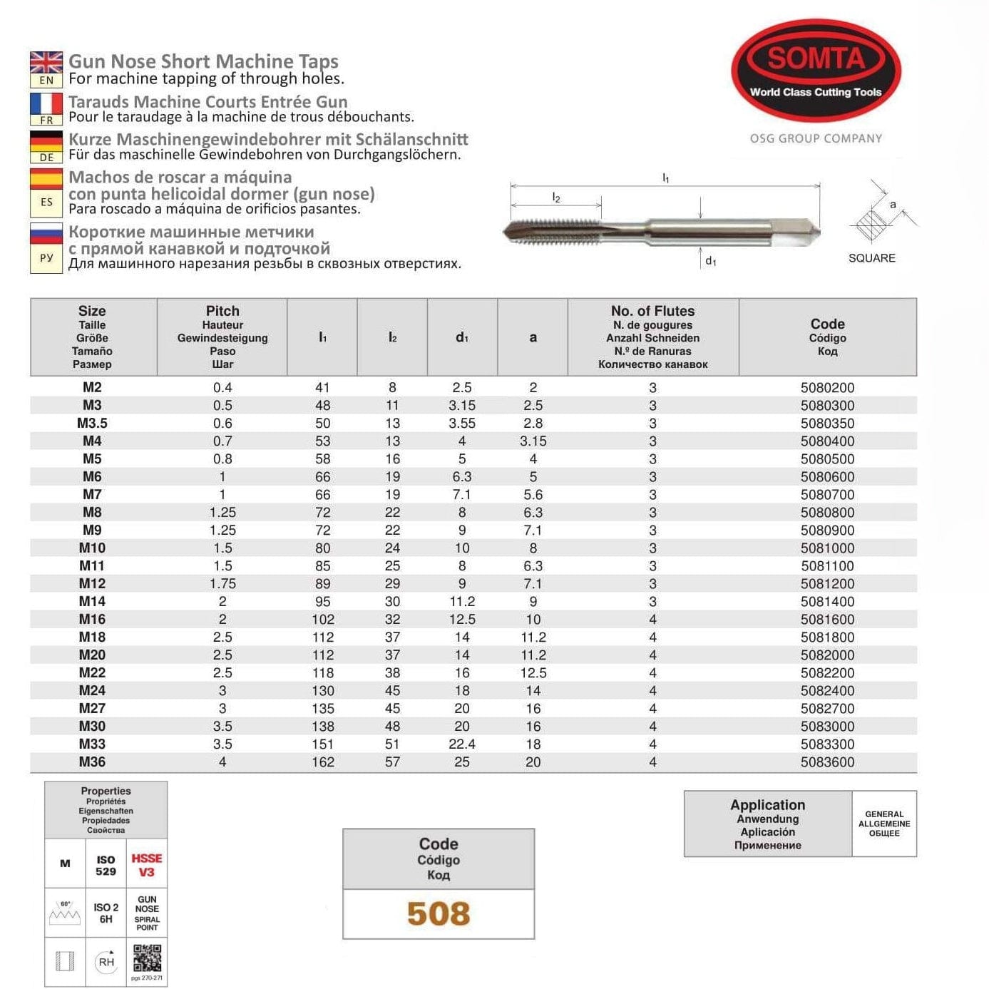 SOMTA Taps & Dies Somta Series 508 - HSSE-V Gun Nose Metric Tap M3 x 0.5 (Standard)