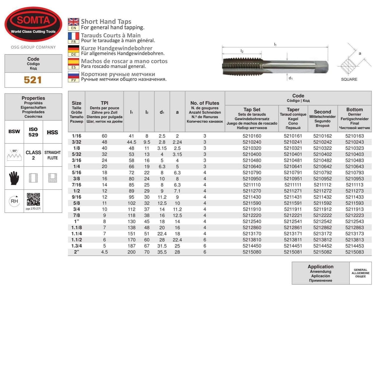 SOMTA Taps & Dies Somta Series 521 - HSS Straight Flute Short Hand Second (Intermediate) Tap BSW 1-3/4" x 5 TPI