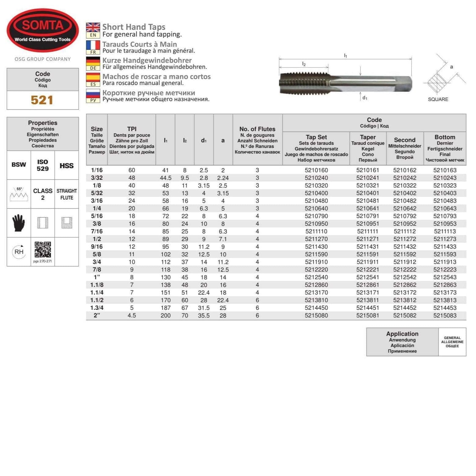 SOMTA Taps & Dies Somta Series 521 - HSS Straight Flute Short Hand Second (Intermediate) Tap BSW 3/4" x 10 TPI