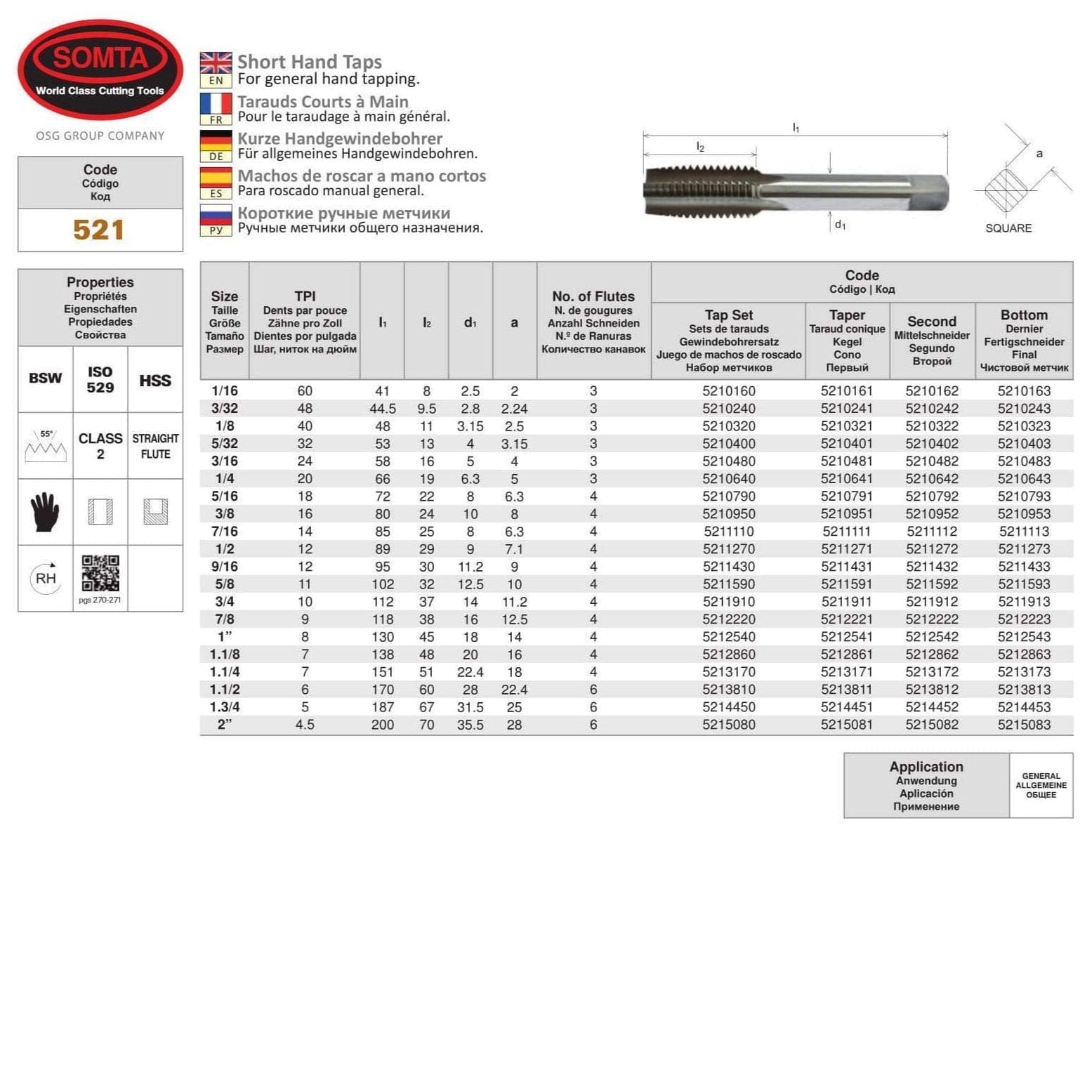 SOMTA Taps & Dies Somta Series 521 - HSS Straight Flute Short Hand Second (Intermediate) Tap BSW 5/8" x 11 TPI