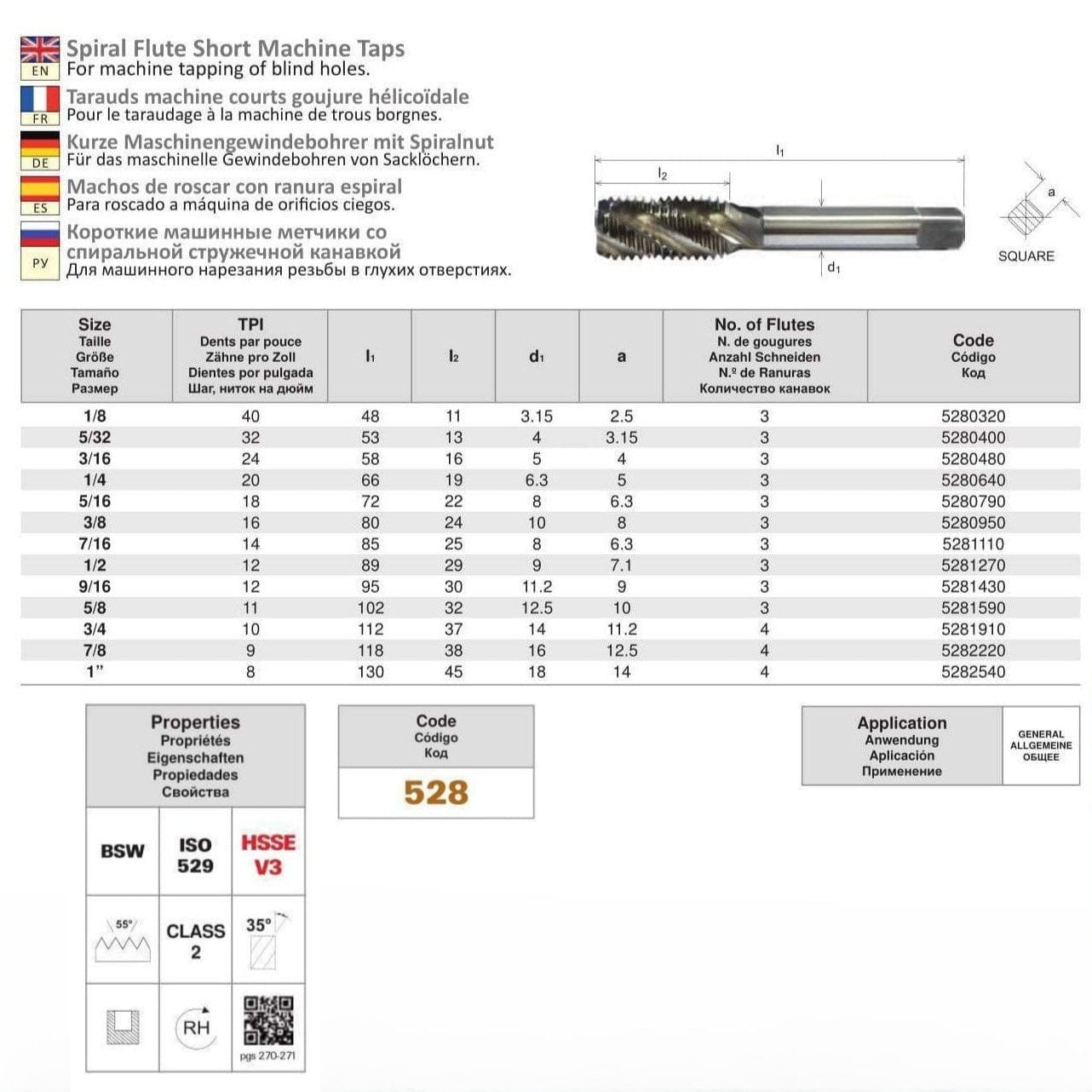 SOMTA Taps & Dies Somta Series 528 - HSSE-V Spiral Flute Tap BSW 1/4" (Standard)
