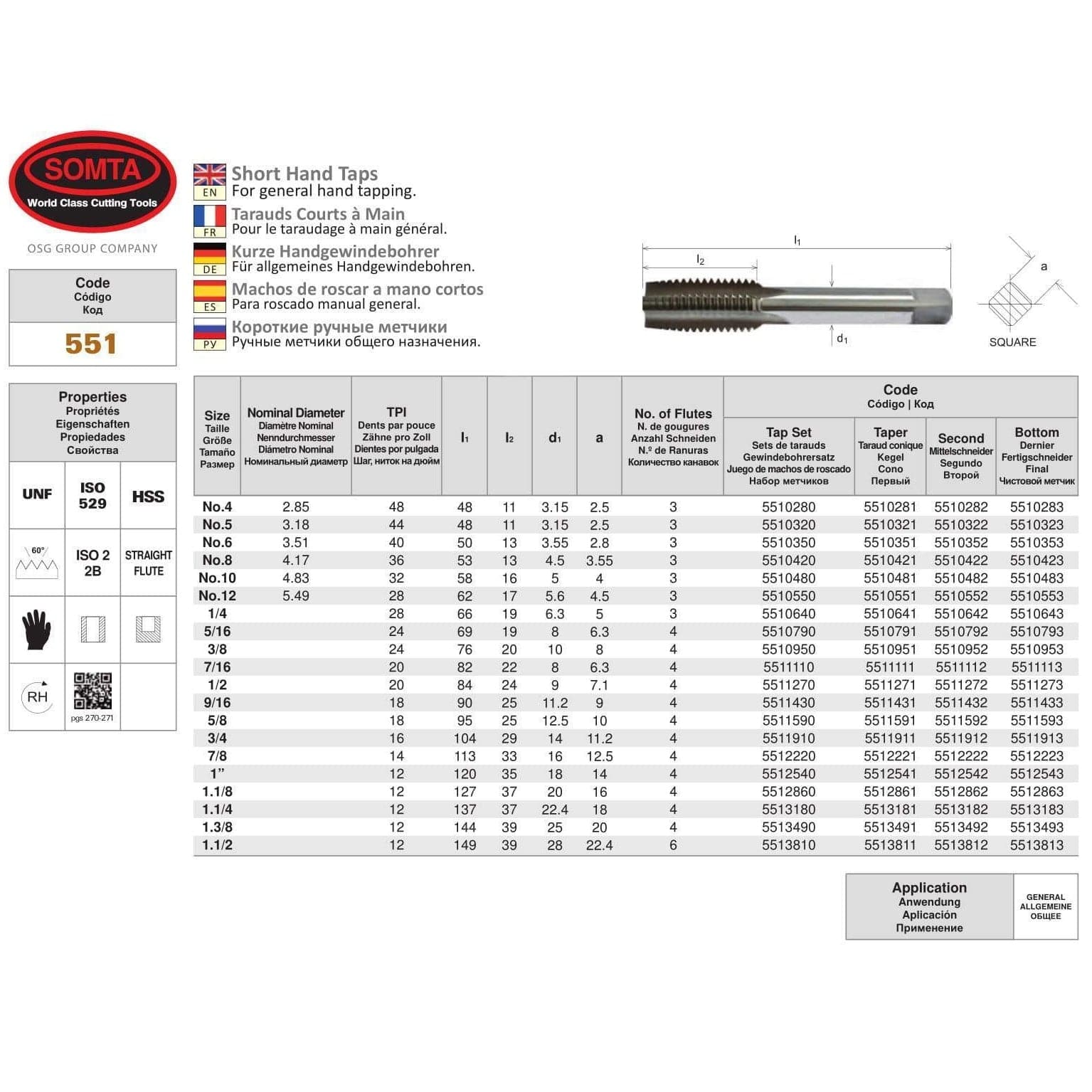 SOMTA Taps & Dies Somta Series 551 - HSS Short Hand Tap 9/16" UNF Taper