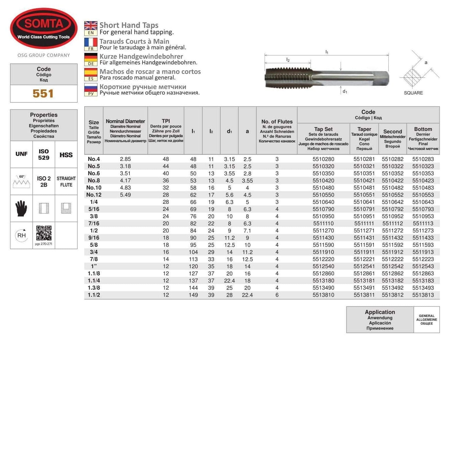 SOMTA Taps & Dies Somta Series 551 - HSS Short Hand Tap No.12 UNF Second (Intermediate)