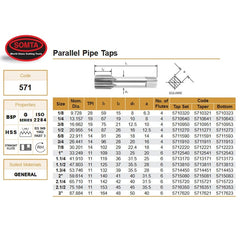 SOMTA Taps & Dies Somta Series 571 - HSS Straight Flute Parallel Pipe Taper (First Tap) BSP-G 2" x 11 TPI