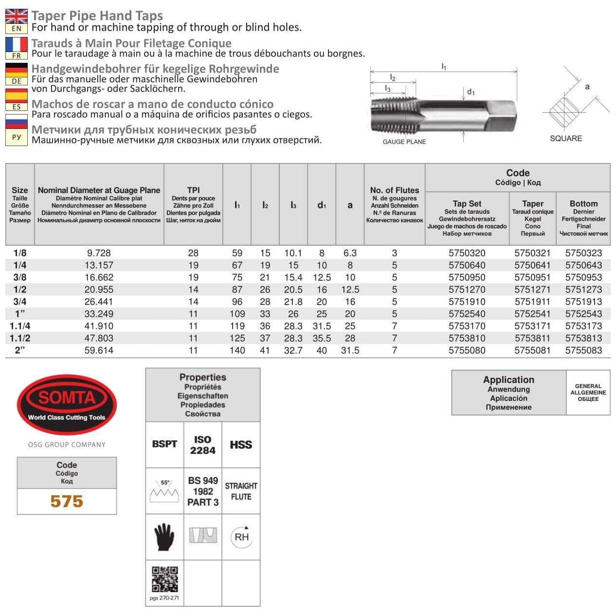 SOMTA Taps & Dies Somta Series 575 - HSS Straight Flute Taper Pipe Hand Bottom (Finishing) Tap BSPT 3/4" x 14 TPI