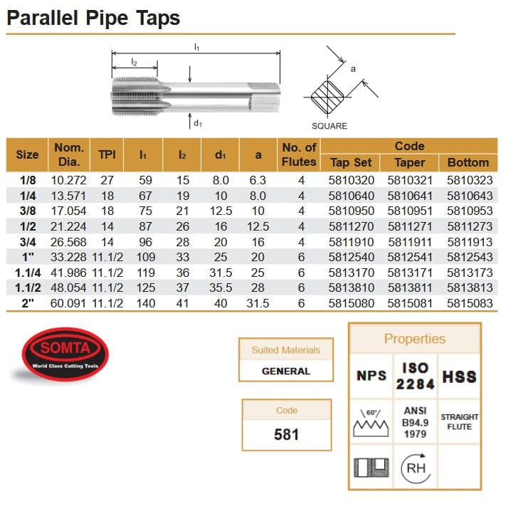 SOMTA Taps & Dies Somta Series 581 - HSS Straight Flute Parallel Pipe Taper (First Tap) NPS 1/2" x 14 TPI