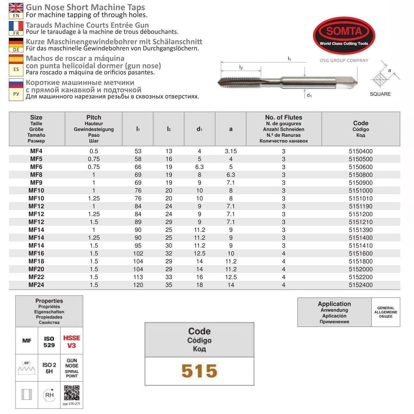 SOMTA TAPS Somta Series 515 – M12 x 1.0 HSSE-V Gun Nose Metric Tap