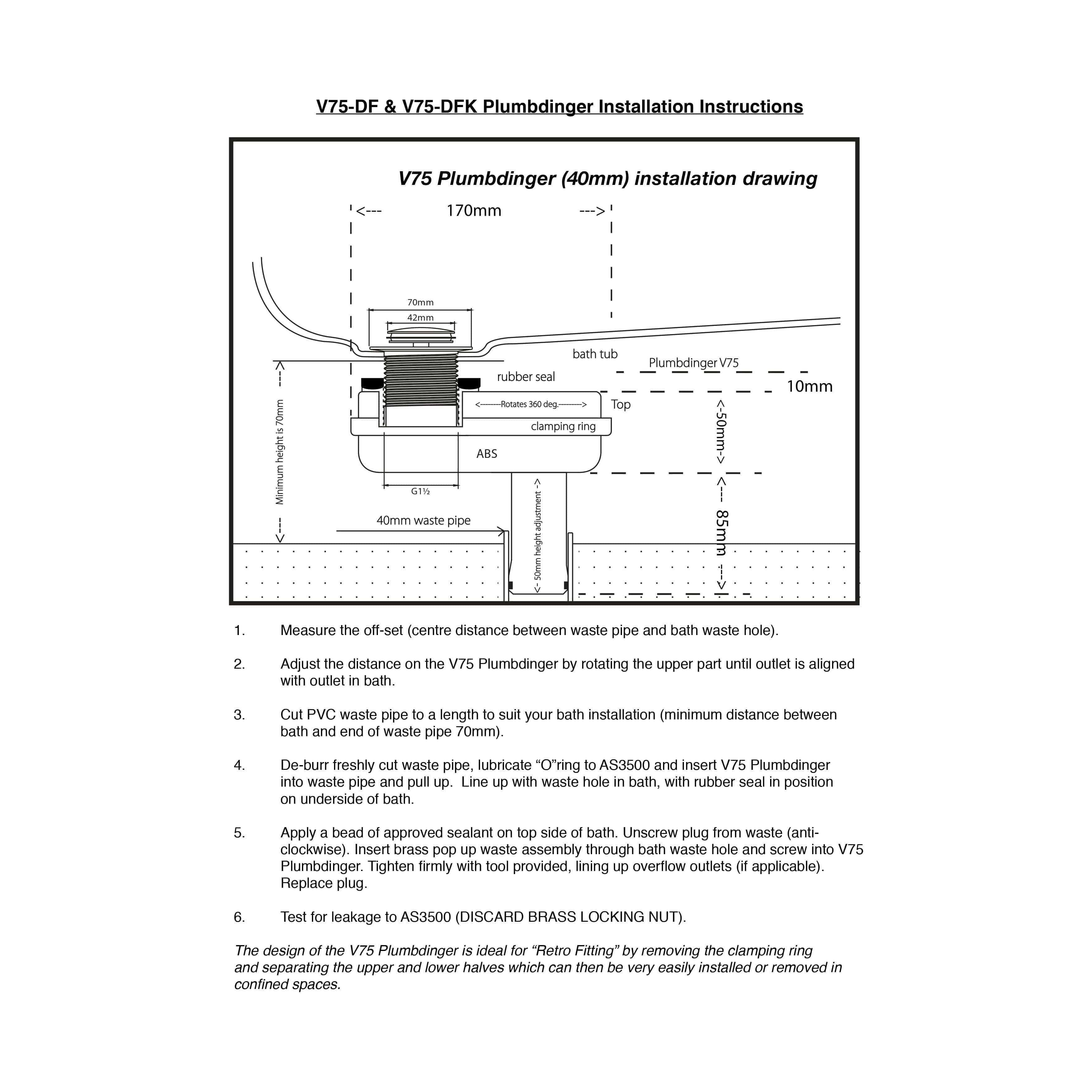 Tacron Industries Drain Waste V75-DF Plumbdinger - Space Saving Bath Waste Solutions for Slab-On-Ground Installations