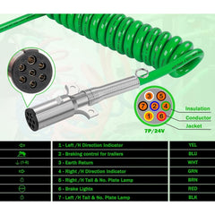 TEI Truck Electrical 7 Way Trailer 15 FT Green ABS Long Tail Spiral Electrical Power cord