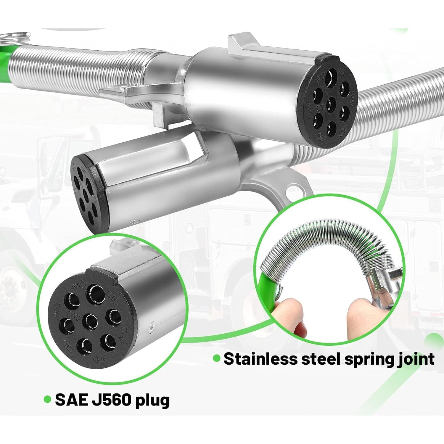 TEI Truck Electrical 7 Way Trailer 15 FT Green ABS Spiral Electrical Power cord