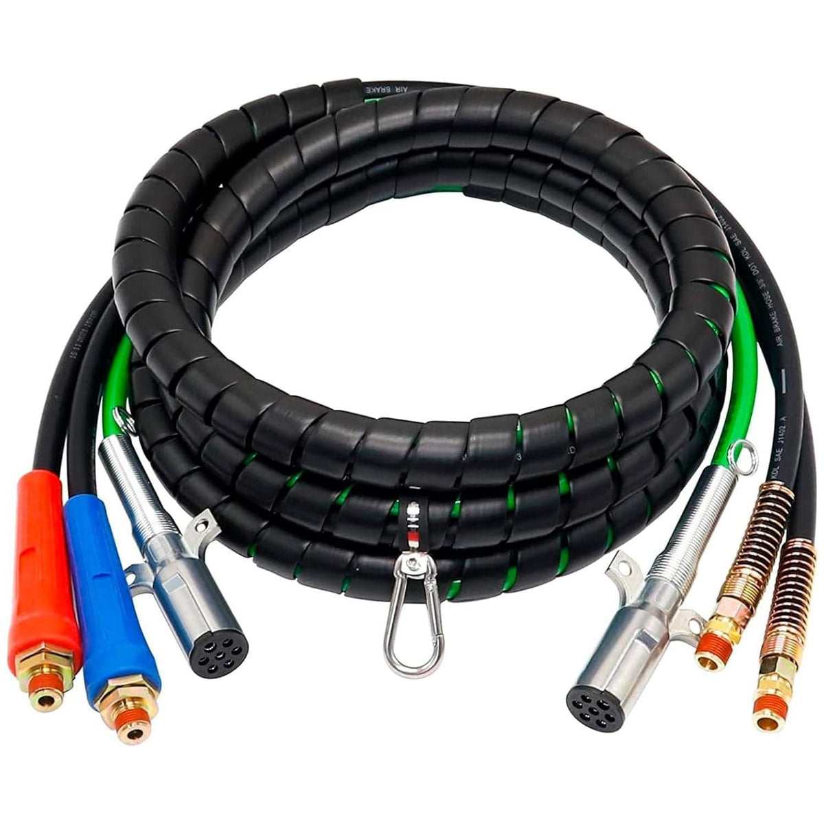 TEI Truck Electrical Heavy Duty 3-in-1 ABS Trailer Air Line Kit – 15 Ft Rubber Air Hoses with Power Line