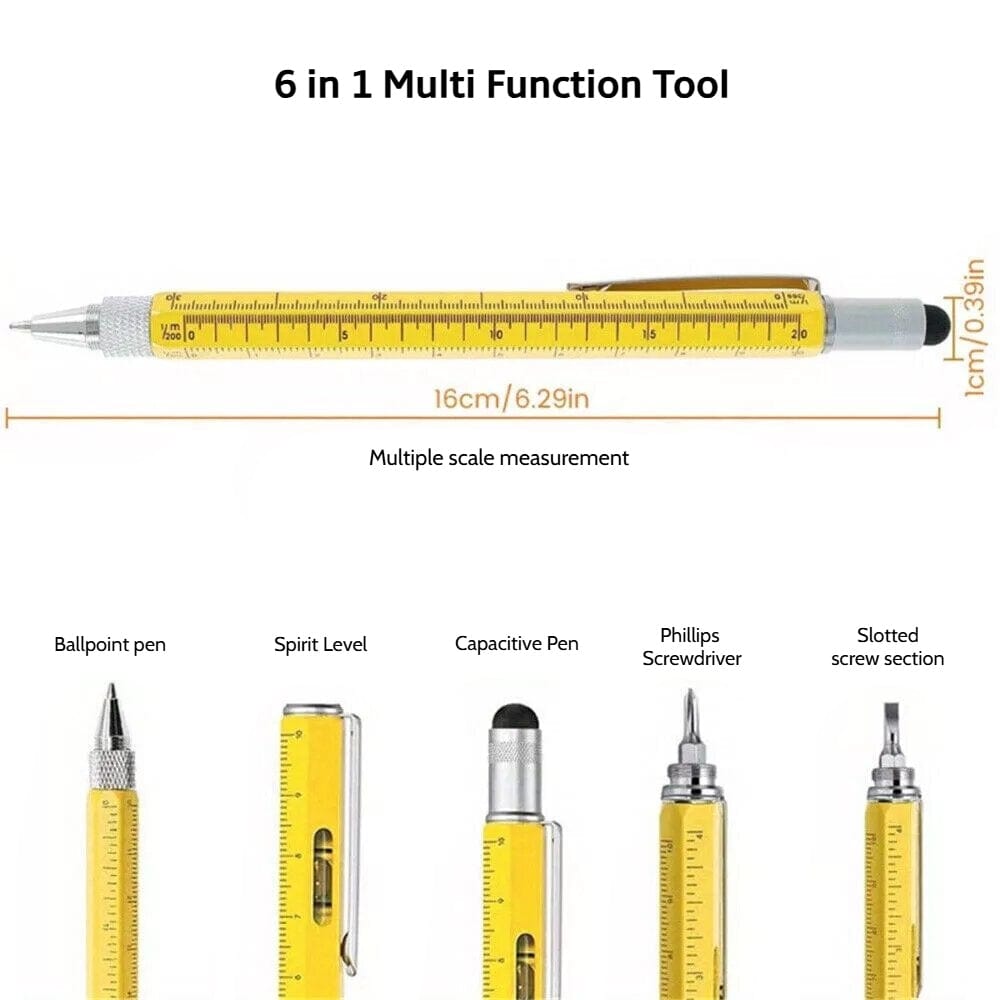 Twin Eagle Imports Marking Full Metal Body 6-in-1 Multi-Function Tool Yellow Engineers Pen