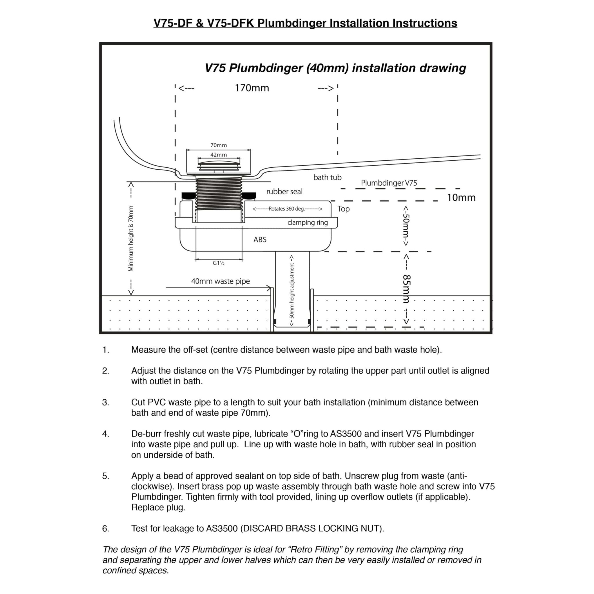 V75-DFK Plumbdinger - Space Saving Bath Waste Solutions for Slab-On-Ground Installations - Twin Eagle Imports