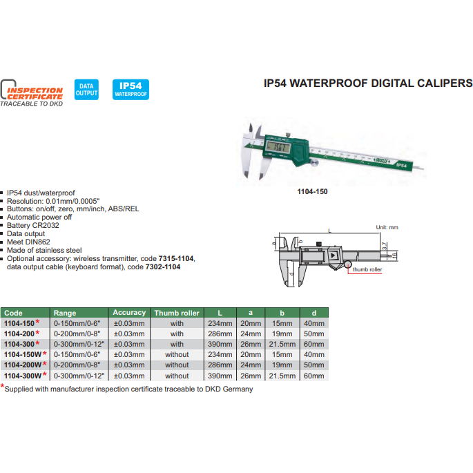 INSIZE IP54 Digital Caliper 0-200mm/0-8" Range Series 1104-200W