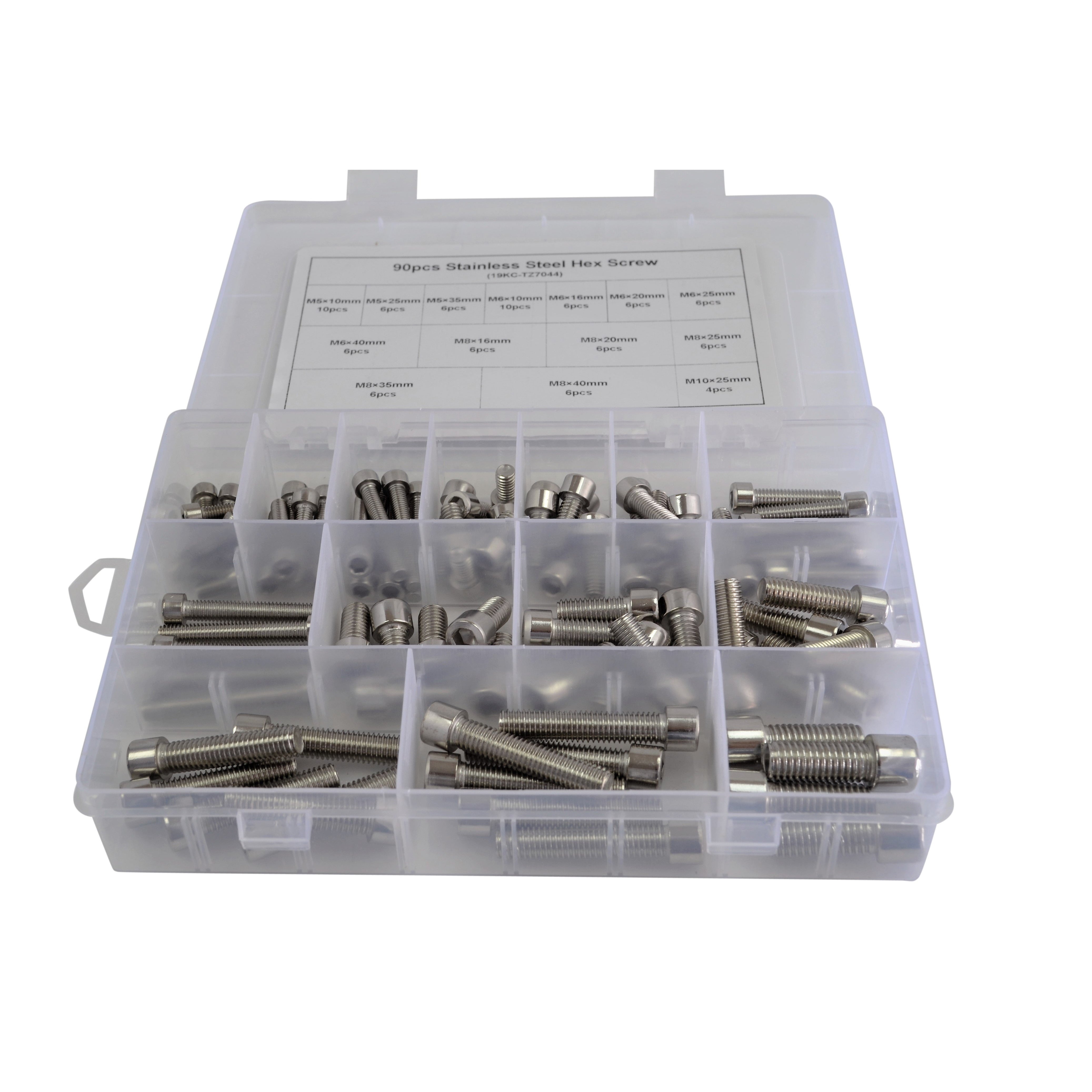 90 pc 304 Stainless Steel Cap Screw Bolt Grab Kit Assortment M5 - M10 Allen Head