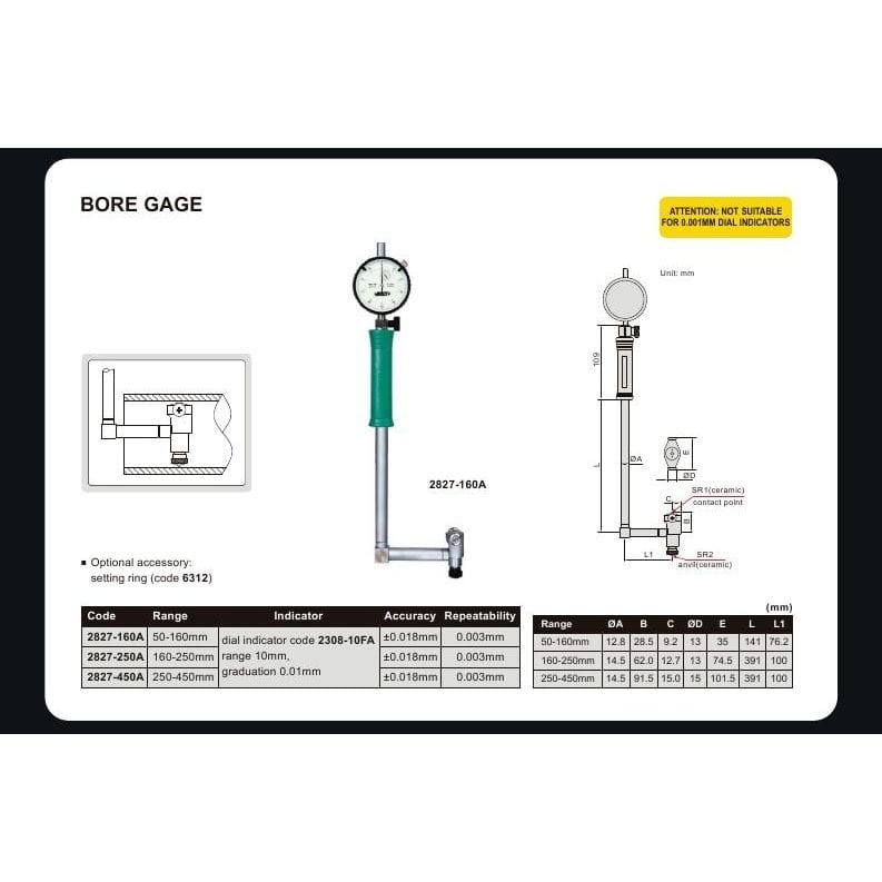 Insize Angle Mechanical Bore Gauge 50-160 mm Range Series 2827-160A - Twin Eagle Imports