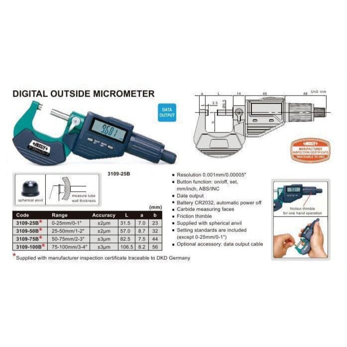 Insize Digital Outside Micrometer 25-50mm/1-2" Range Series 3109-50A - Twin Eagle Imports
