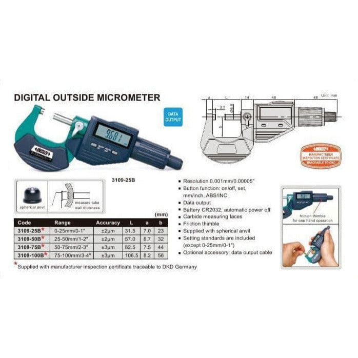 Insize Digital Outside Micrometer 75-100mm/3-4" Range Series 3109-100A - Twin Eagle Imports