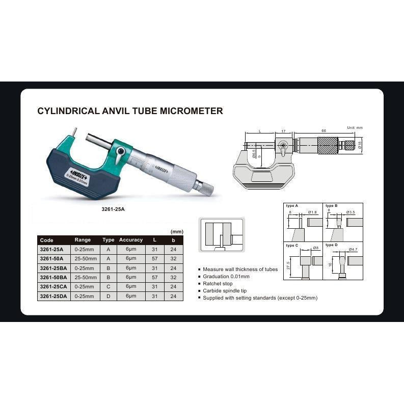 Insize Type A Cylindrical Anvil Tube Micrometer 0-25mm Range Series 3261-25A