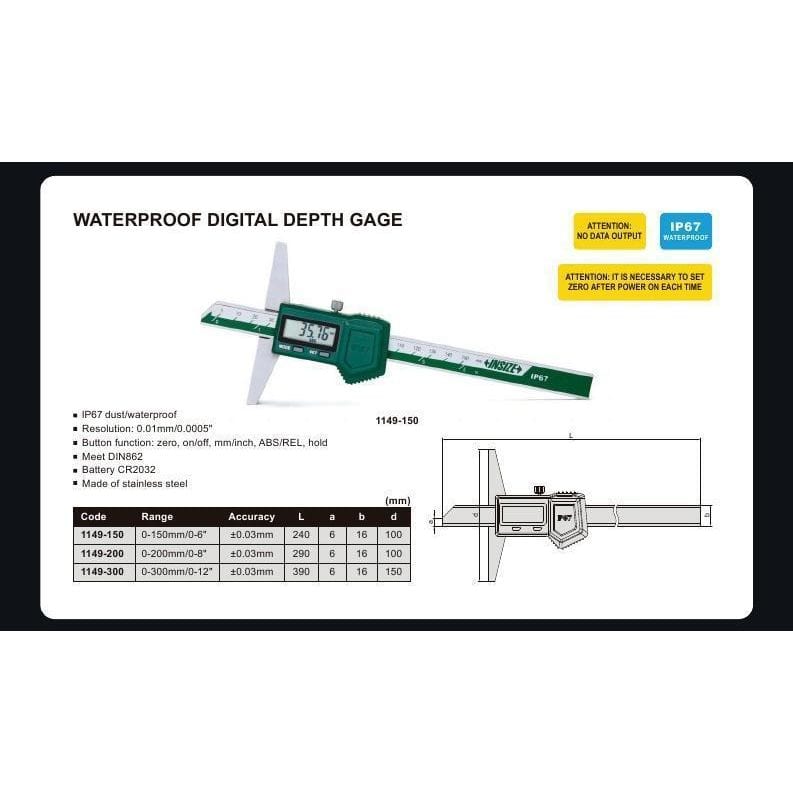 Insize IP67 Digital Depth Gauge 0-200mm / 0-8" Range Series 1149-200 - Twin Eagle Imports