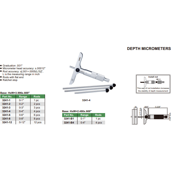INSIZE Measuring Equipment Insize 1pc Imperial Depth Micrometer 0-1" Range Series 3241-1