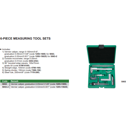 INSIZE Measuring Equipment Insize 6pc Measuring Tool Kit Series 5063-2