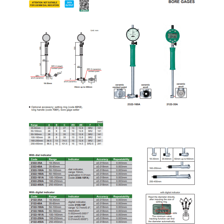 INSIZE MEASURING EQUIPMENT Insize Digital Bore Gauge 50-100 mm Range Series 2122-100A
