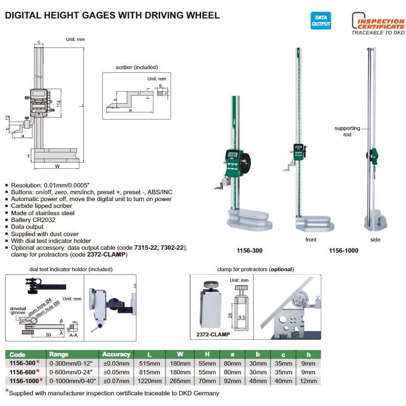 INSIZE Measuring Equipment Insize Digital Height Gauge  0-300mm / 0-12" Range Series 1156-300