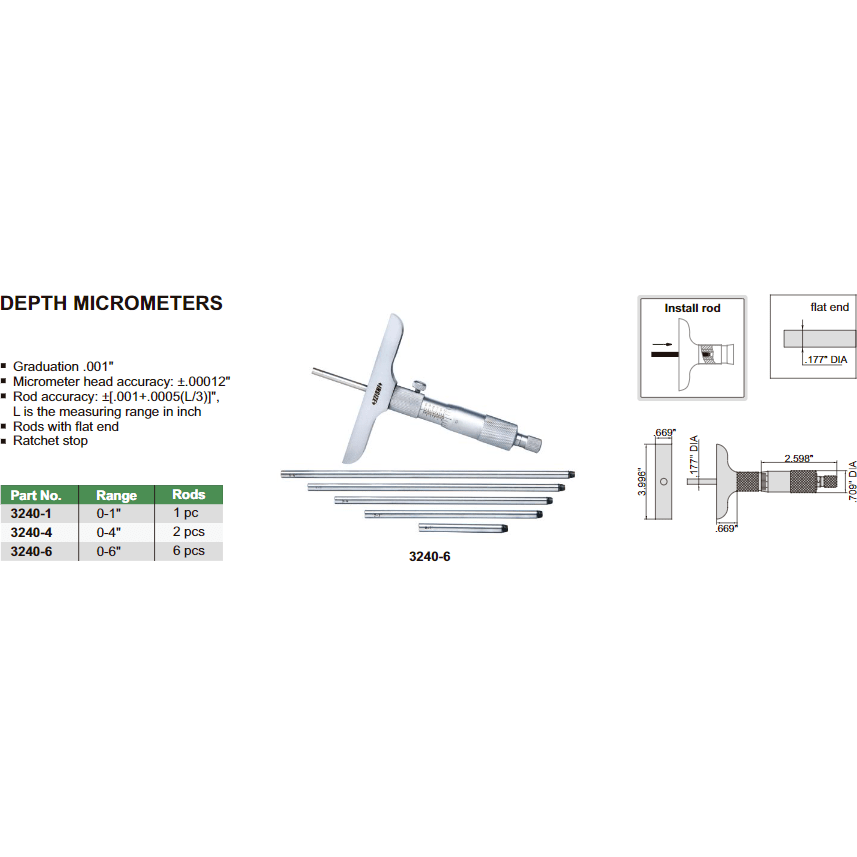 INSIZE Measuring Equipment Insize Imperial Depth Micrometer 0-1" Range Series 3240 - 1
