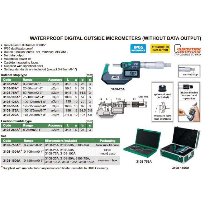 INSIZE Measuring Equipment Insize IP65 Digital Outside Micrometer 125-150MM / 5-6"Range Series 3108-150A