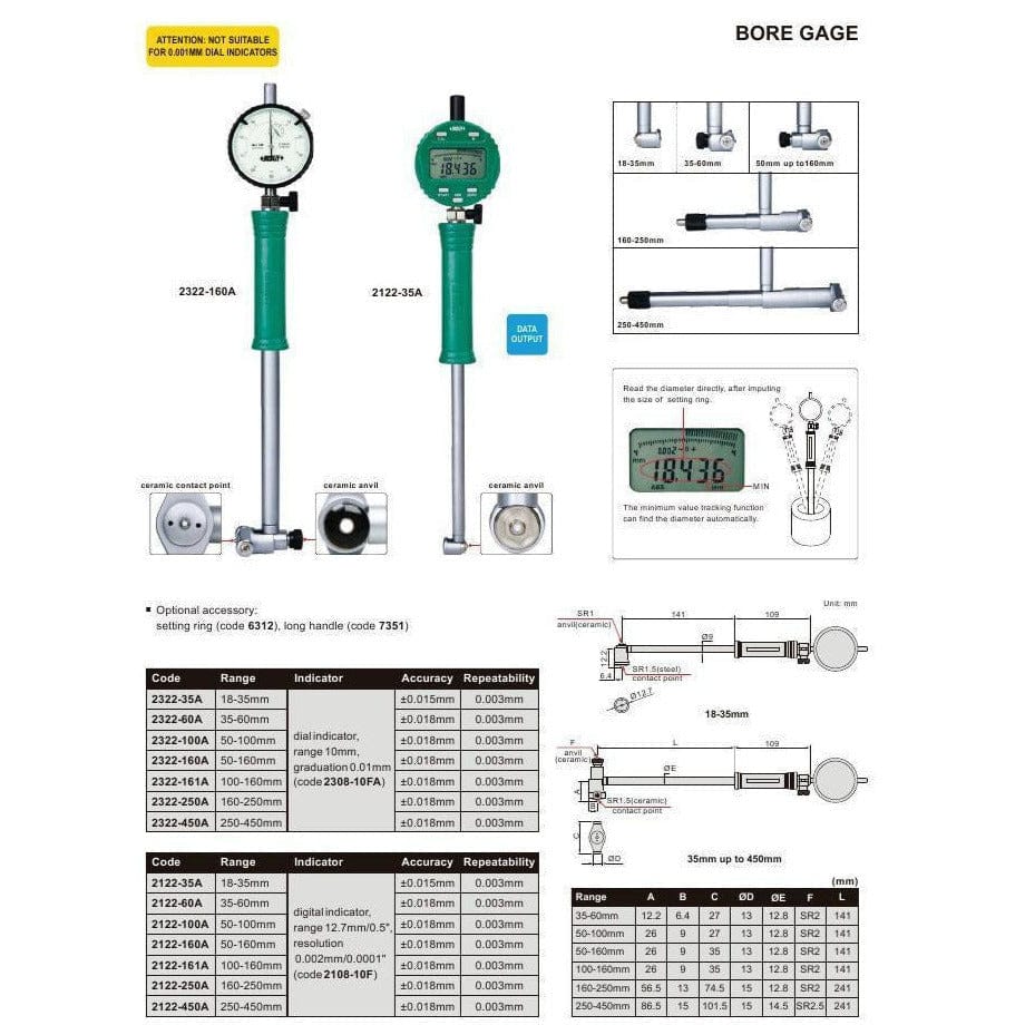 INSIZE Measuring Equipment Insize Mechanical Bore Gauge 18-35 mm Range Series 2322-35A