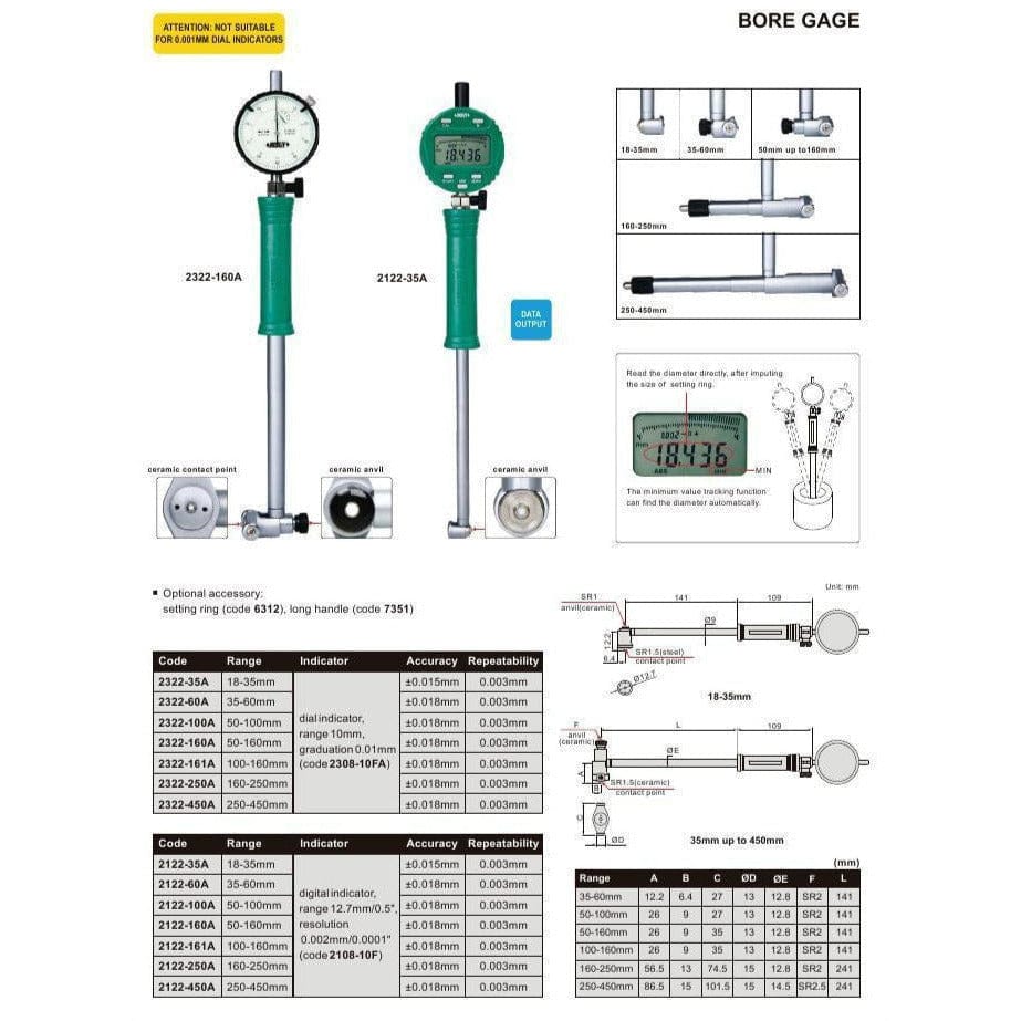 INSIZE Measuring Equipment Insize Mechanical Bore Gauge 50-100 mm Range Series 2322-100A