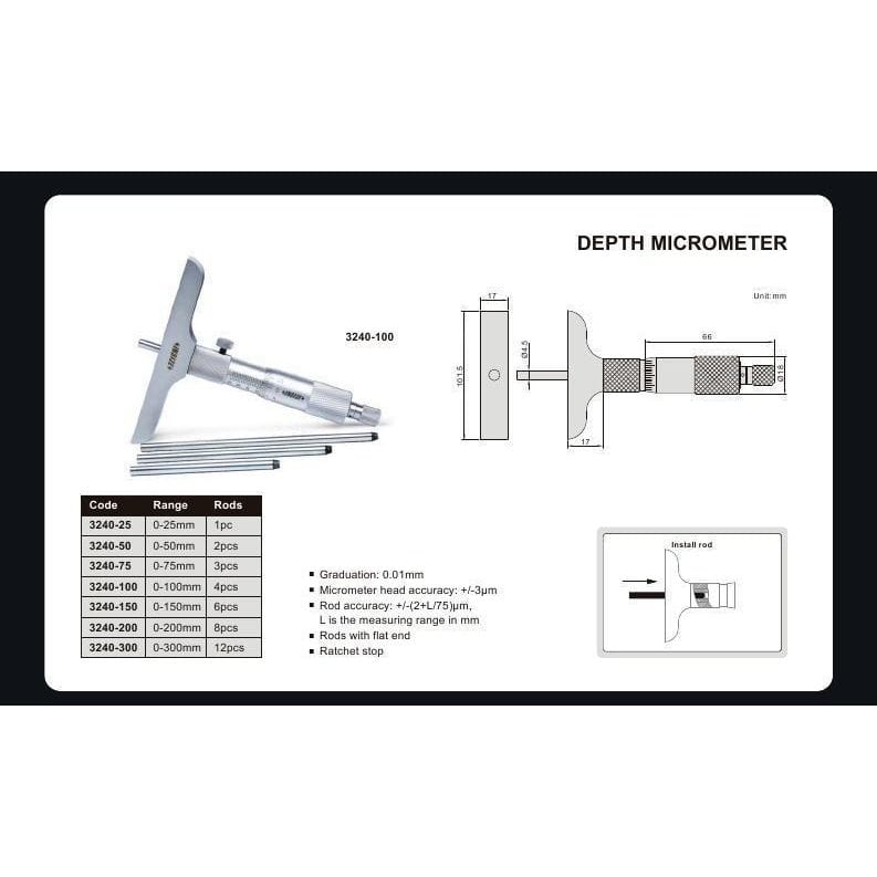 INSIZE Measuring Equipment Insize Metric Depth Micrometer 0-50mm Range Series 3240 - 50
