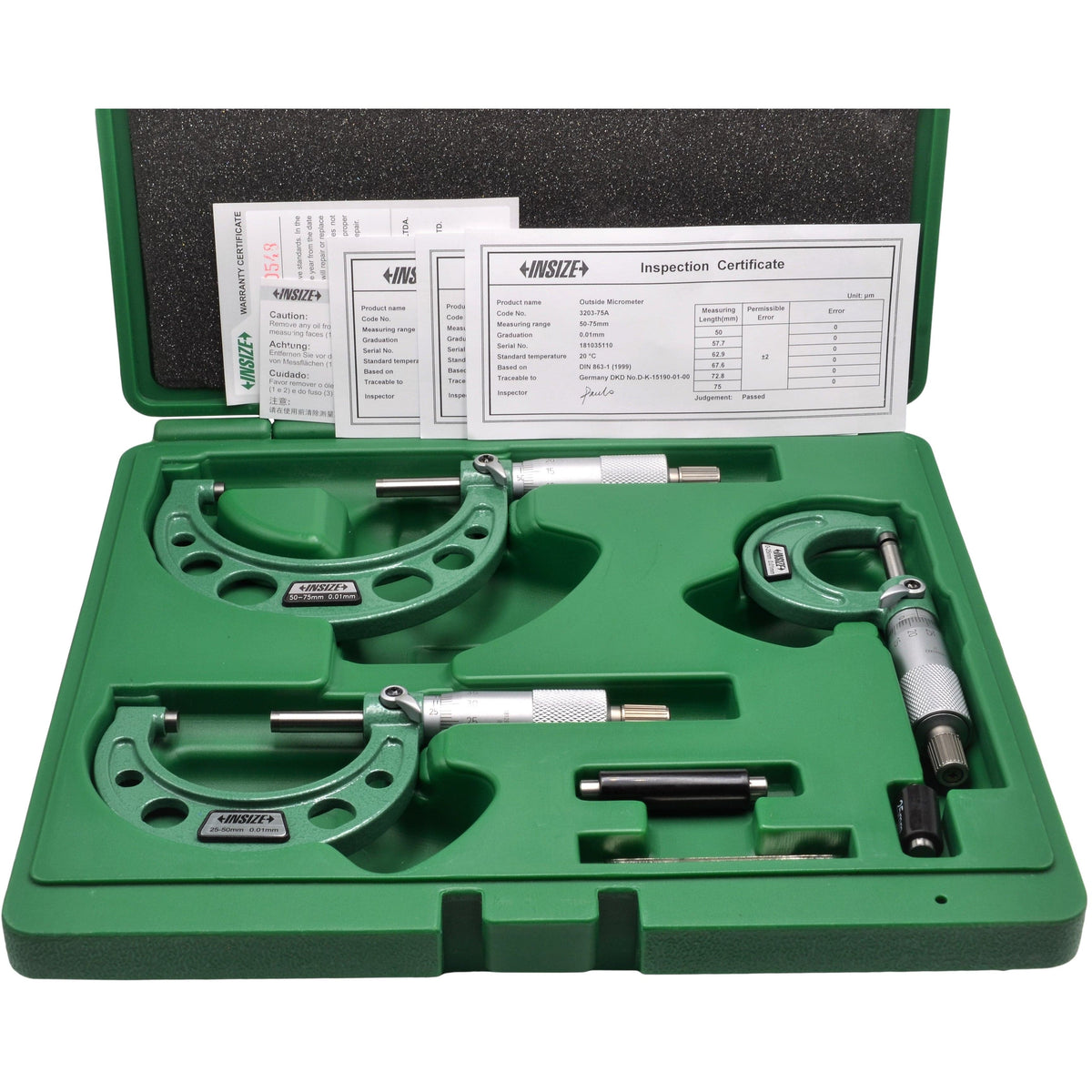 INSIZE Measuring Equipment Insize Metric Outside Micrometer 3 Piece Set 0-75mm Range Series 3203-753A