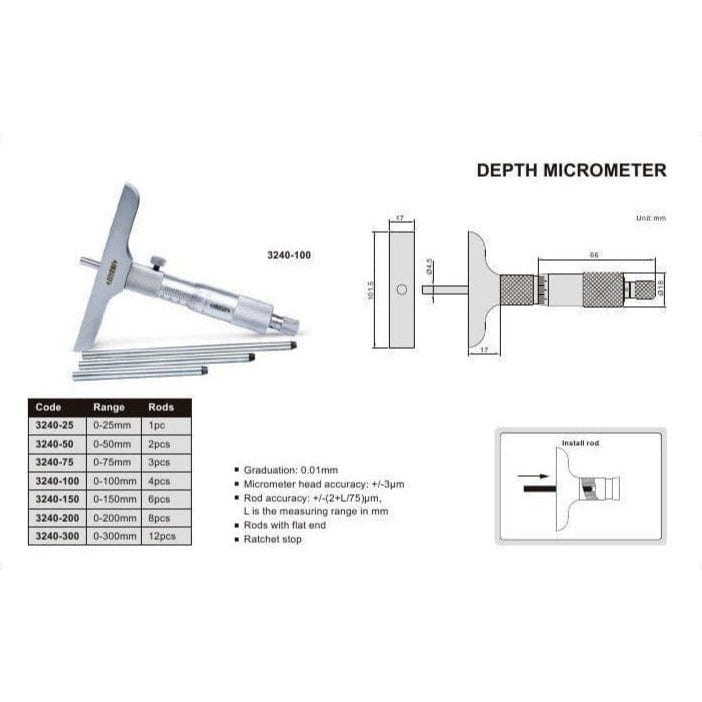 Insize Metric Depth Micrometer 0-25MM Range Series 3240-25 - Twin Eagle Imports