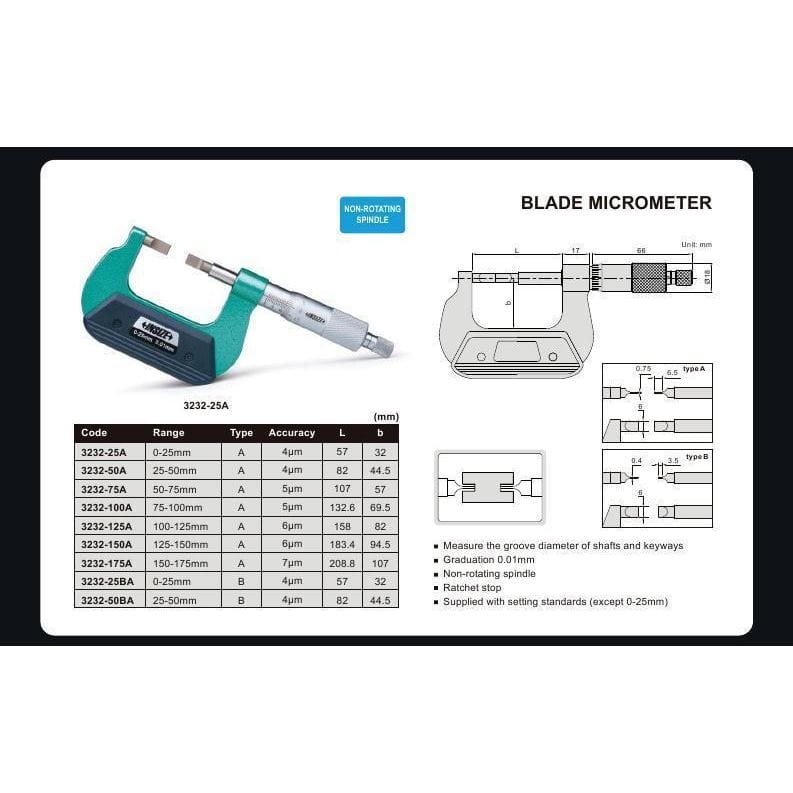 Insize Metric Outside Blade Micrometer 0-25mm Range Series 3232-25BA - Twin Eagle Imports