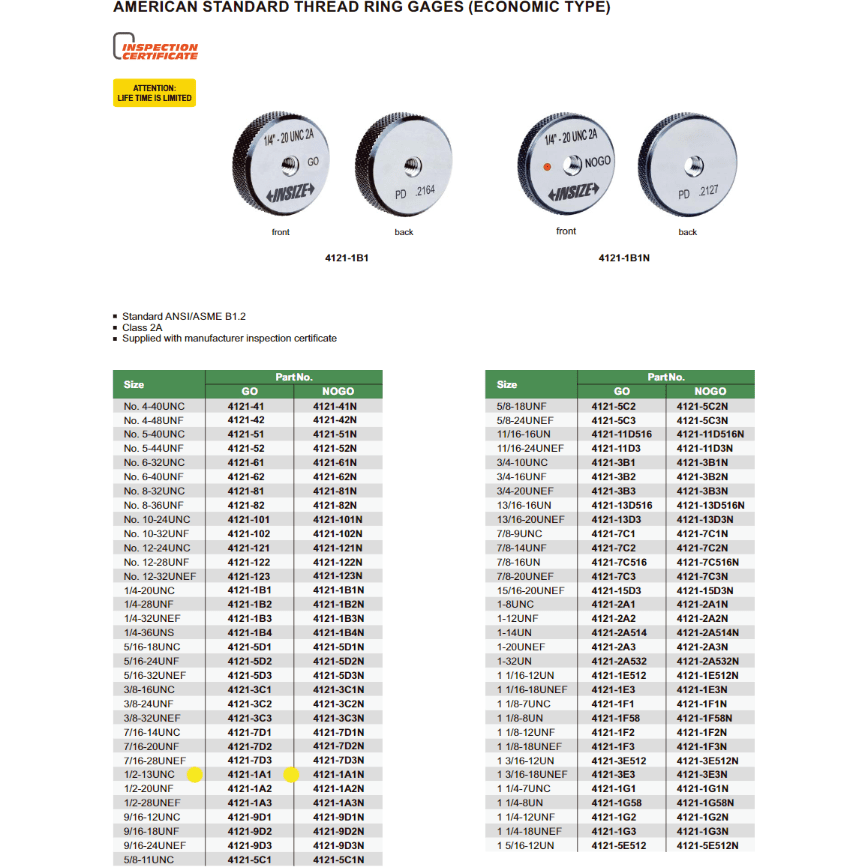 Insize Thread GO Ring Gauge 1/2"-13 UNC Series 4121-1A1 - Twin Eagle Imports