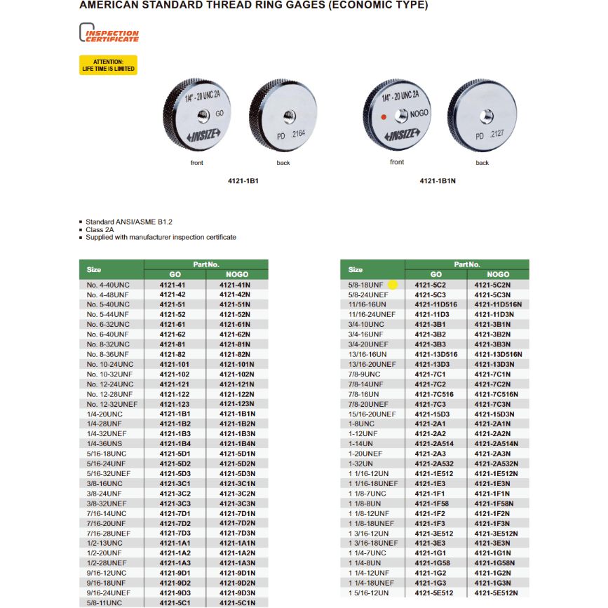 Insize Thread GO Ring Gauge 5/8"-18 UNF Series 4121-5C2 - Twin Eagle Imports