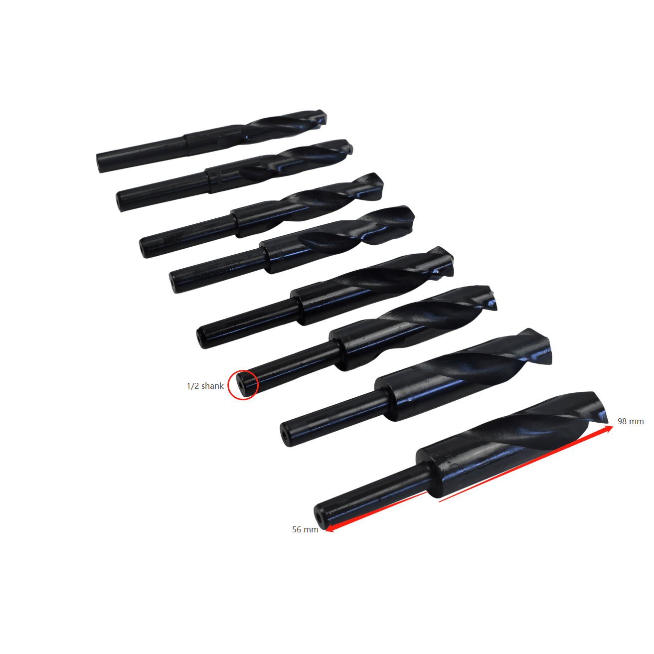 Twin Eagle Imports Drill Bits 8PC 1/2" REDUCED SHANK DRILL SET 9/16-1"